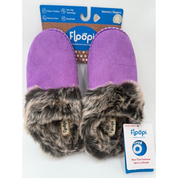 Women's XL 11-12 Purple Furry Floopi Slippers clogs Indoor Outdoor Memory Foam - Picture 2 of 9